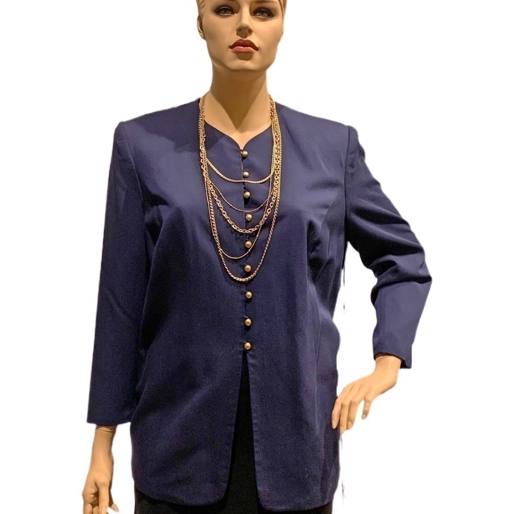 Kasper II Navy Jacket Blazer Size 20 Button Front Collarless Long Sleeves Office